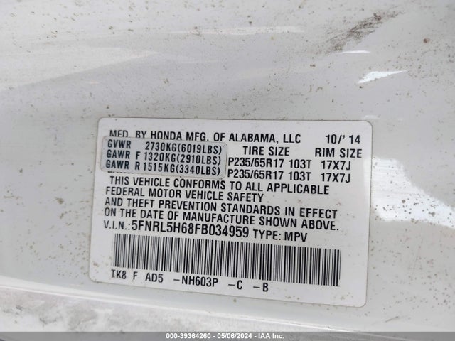 Honda Odyssey Ex-l 2015 5FNRL5H68FB034959 Image 9