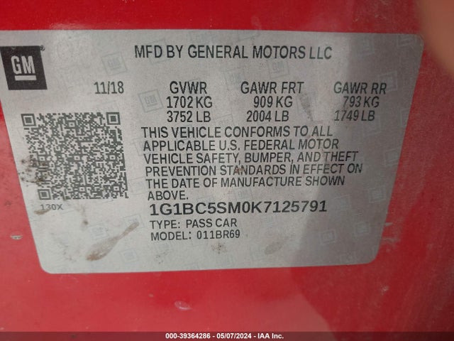 Chevrolet CRUZE LS 2019 1G1BC5SM0K7125791 Image 9