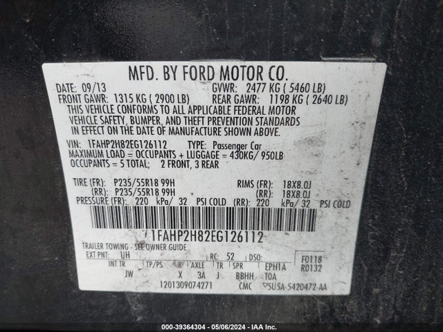 Ford TAURUS SEL 2014 1FAHP2H82EG126112 Image 9
