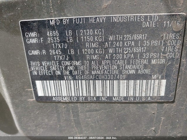Subaru Outback 2.5i Premium 2017 4S4BSAFC0H3307409 Image 9