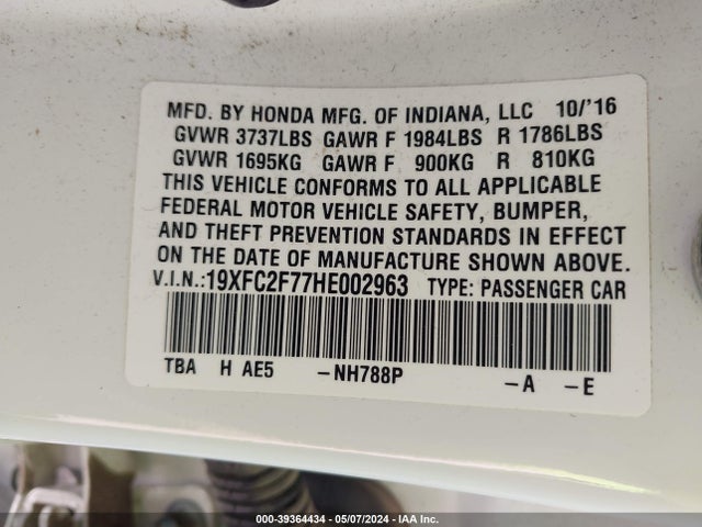 Honda CIVIC EX 2017 19XFC2F77HE002963 Image 9