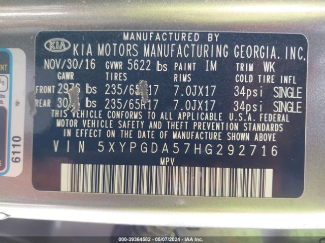 5XYPGDA57HG292716 KIA Sorento 3.3l Lx