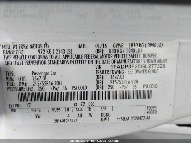 Ford FOCUS SE 2016 1FADP3F25GL277328 Image 9