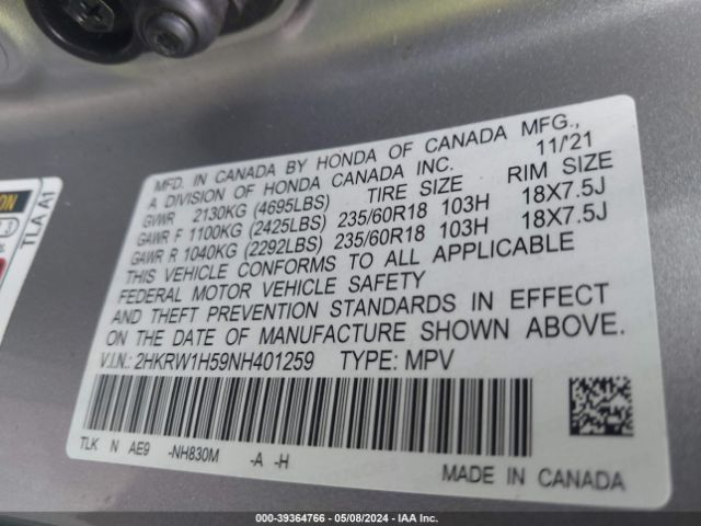2HKRW1H59NH401259 Honda Cr-v 2wd Ex