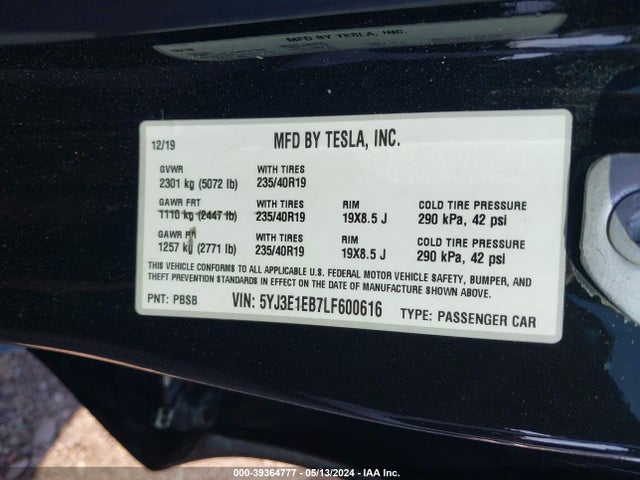 Tesla Model 3 Long Range Dual Motor All-wheel Drive 2020 5YJ3E1EB7LF600616 Image 9