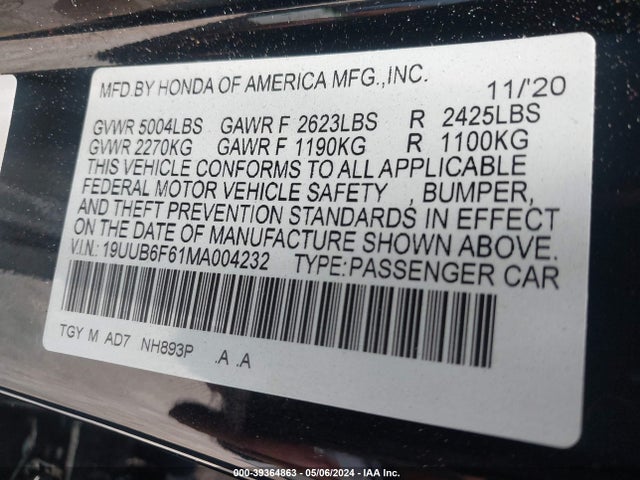 19UUB6F61MA004232 Acura Tlx Advance Package
