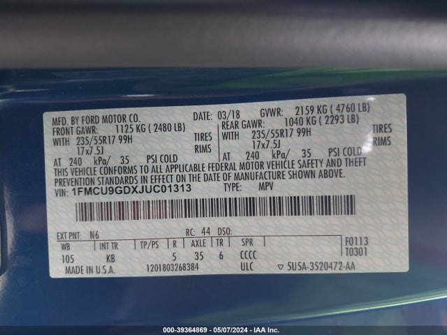 Ford ESCAPE SE 2018 1FMCU9GDXJUC01313 Image 9