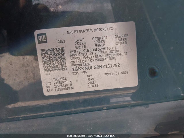 GMC Acadia Awd Slt 2022 1GKKNULS0NZ161292 Image 9