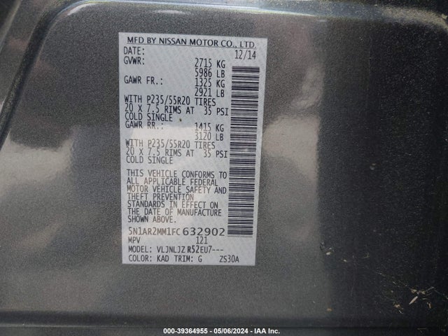 Nissan Pathfinder Platinum 2015 5N1AR2MM1FC632902 Image 9