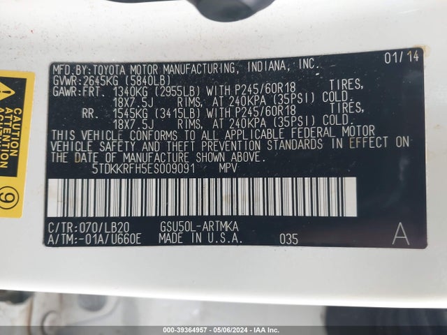 Toyota Highlander Xle V6 2014 5TDKKRFH5ES009091 Image 9