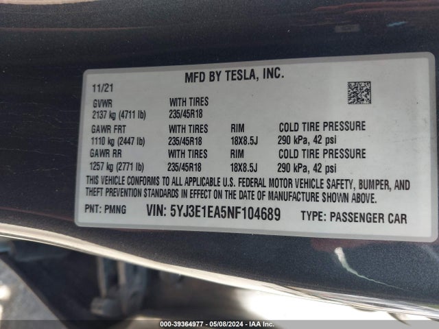 Tesla Model 3 Rear-wheel Drive 2022 5YJ3E1EA5NF104689 Image 9
