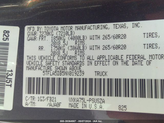 5TFLA5DB5NX019239 Toyota Tundra Sr5