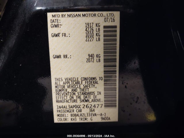 Nissan Altima 2.5 Sl 2016 1N4AL3AP0GC262477 Image 9