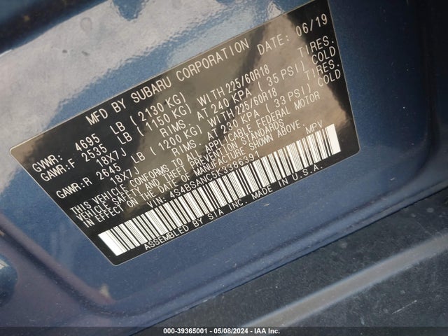 Subaru Outback 2.5i Limited 2019 4S4BSANC5K3386391 Image 9