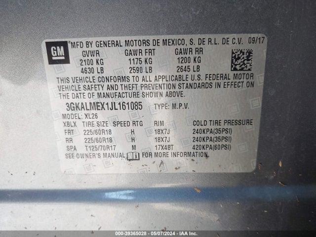 3GKALMEX1JL161085 GMC Terrain Sle