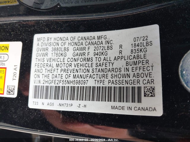 Honda Civic Sport 2022 2HGFE2F55NH598097 Image 9