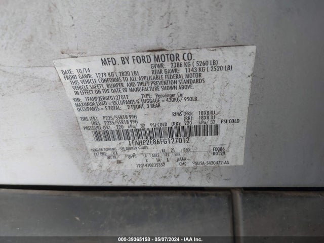 Ford TAURUS SEL 2015 1FAHP2E86FG127012 Image 9