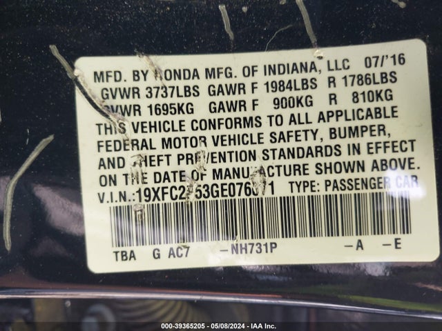 Honda Civic Lx 2016 19XFC2F53GE076071 Image 9
