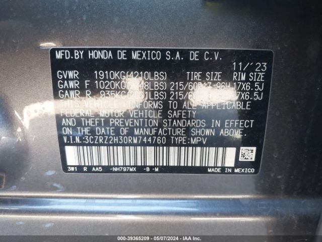 3CZRZ2H30RM744760 Honda Hr-v Awd Lx