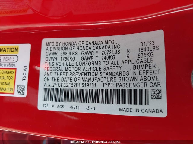 Honda Civic Sport 2023 2HGFE2F52PH519181 Image 9