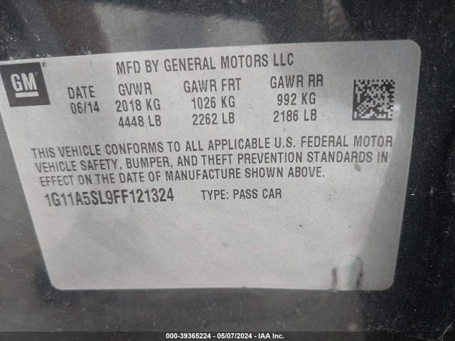 Chevrolet Malibu 1fl 2015 1G11A5SL9FF121324 Image 9