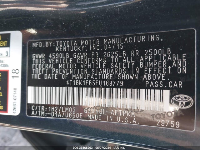 Toyota AVALON LIMITED 2015 4T1BK1EB5FU168779 Image 9