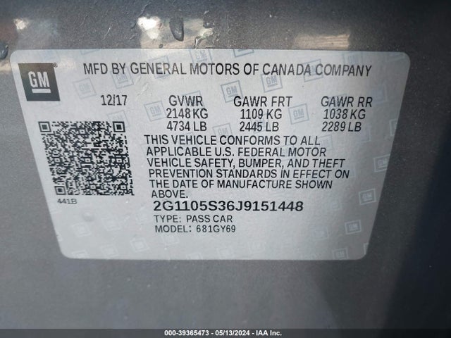 Chevrolet IMPALA 1LT 2018 2G1105S36J9151448 Image 9