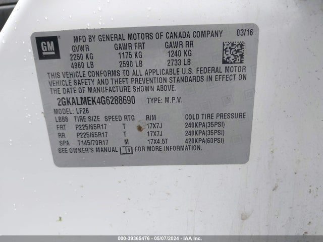 GMC Terrain Sle-1 2016 2GKALMEK4G6288690 Image 9