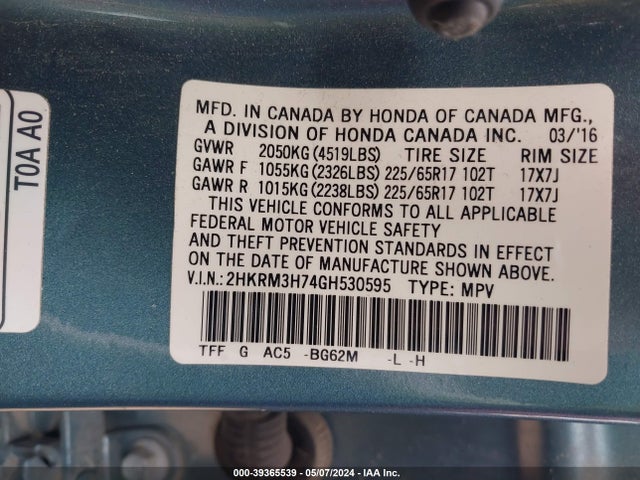 Honda Cr-v Ex-l 2016 2HKRM3H74GH530595 Image 9