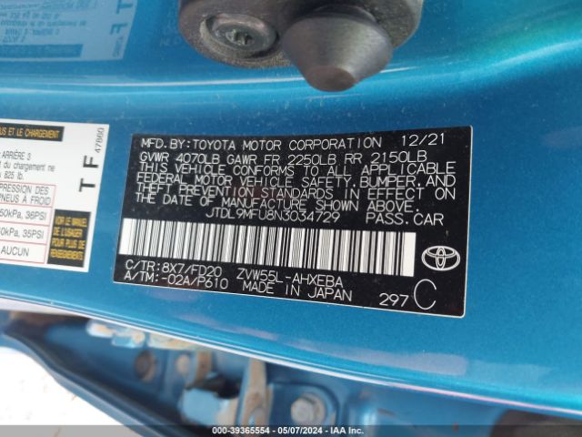 JTDL9MFU8N3034729 Toyota Prius Le Awd-e