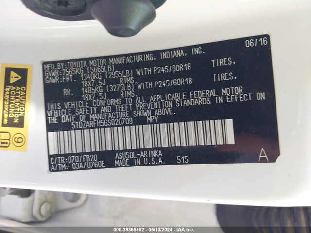 Toyota Highlander Le 2016 5TDZARFH5GS020709 Image 9