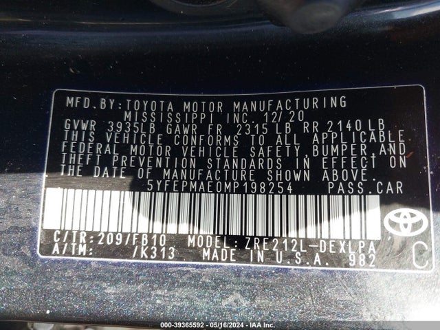 Toyota COROLLA LE 2021 5YFEPMAE0MP198254 Image 9