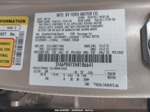 Ford FUSION SE 2017 3FA6P0H7XHR186641 Image 9