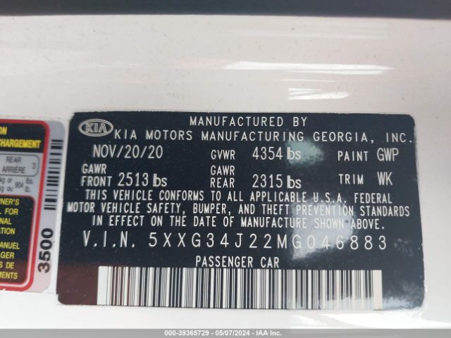 5XXG34J22MG046883 KIA K5 EX
