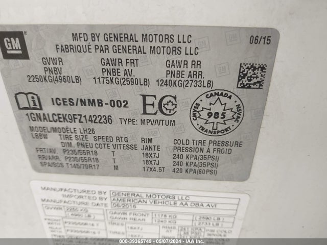 Chevrolet Equinox 2lt 2015 1GNALCEK9FZ142236 Image 9