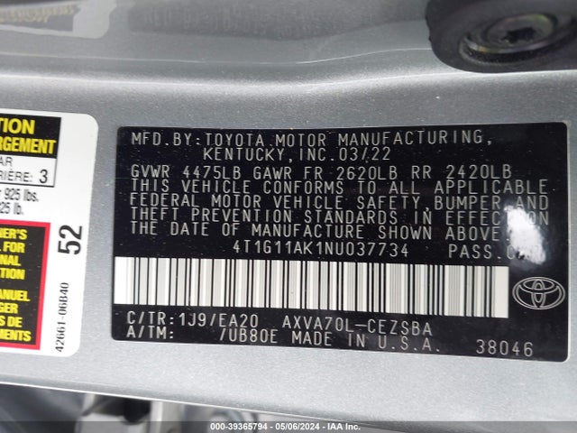 Toyota CAMRY SE 2022 4T1G11AK1NU037734 Image 9