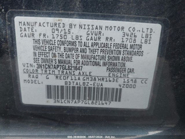 3N1CN7AP7GL821647 Nissan Versa 1.6 S/1.6 S+/1.6 Sl/1.6 Sv