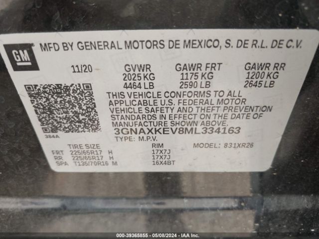 3GNAXKEV8ML334163 Chevrolet Equinox Fwd Lt
