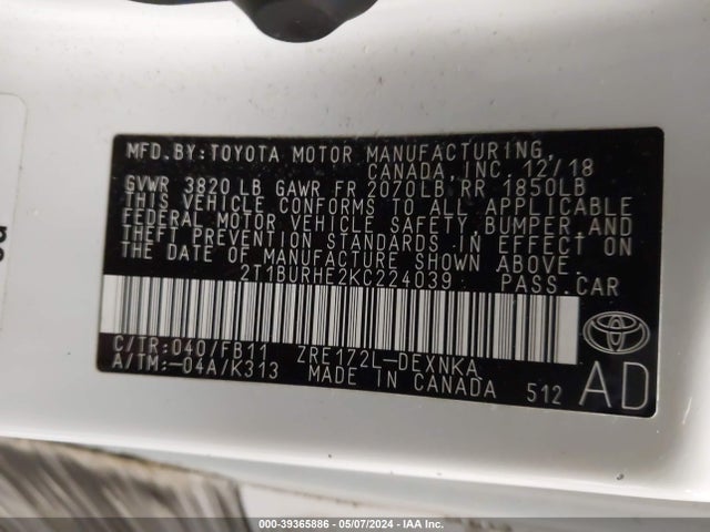 Toyota COROLLA LE 2019 2T1BURHE2KC224039 Image 9