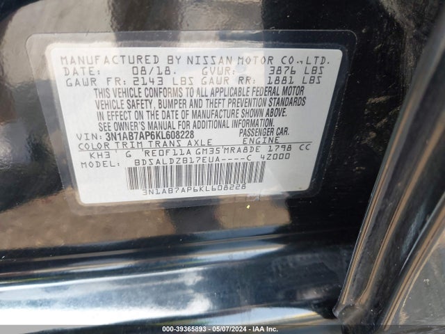 Nissan SENTRA SV 2019 3N1AB7AP6KL608228 Image 9