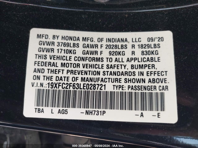 Honda Civic Lx 2020 19XFC2F63LE028721 Image 9