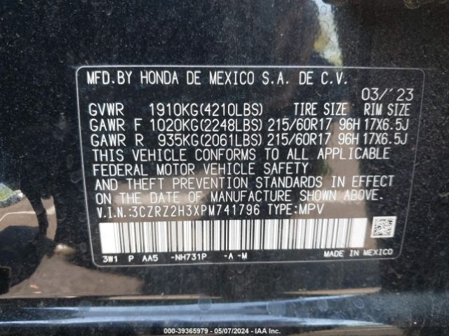 3CZRZ2H3XPM741796 Honda Hr-v Awd Lx