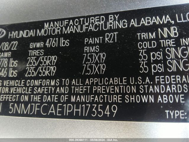 5NMJFCAE1PH173549 Hyundai TUCSON SEL