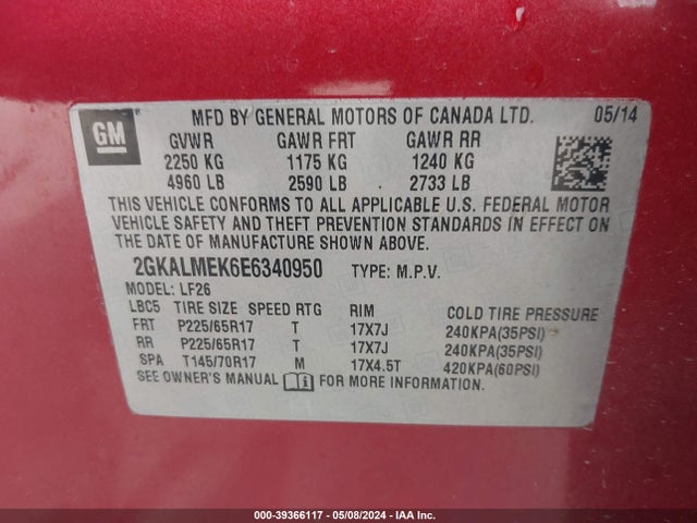 GMC Terrain Sle-1 2014 2GKALMEK6E6340950 Image 9
