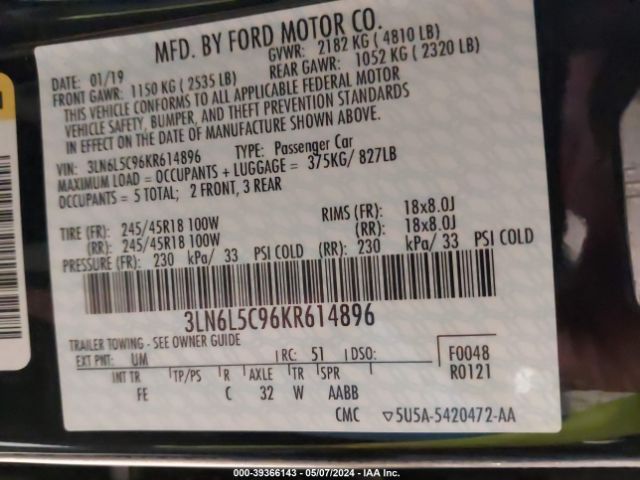 3LN6L5C96KR614896 Lincoln Mkz Reserve I