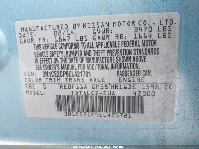 Nissan Versa Note S Plus 2014 3N1CE2CP9EL421781 Image 9