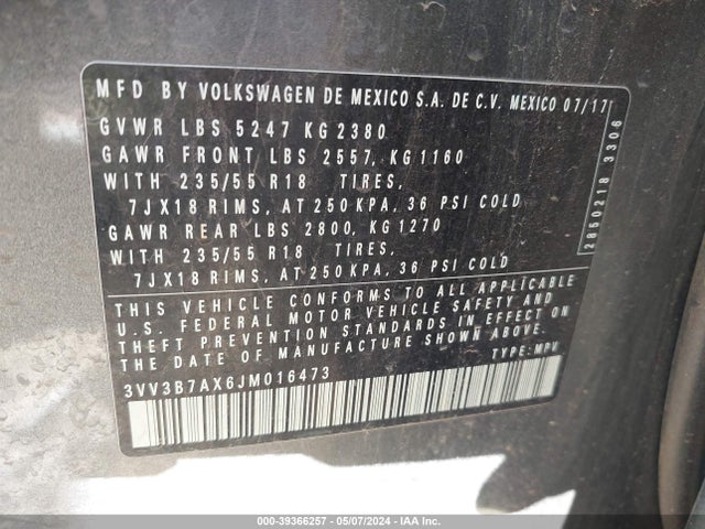 3VV3B7AX6JM016473 Volkswagen Tiguan 2.0t Se/2.0t Sel
