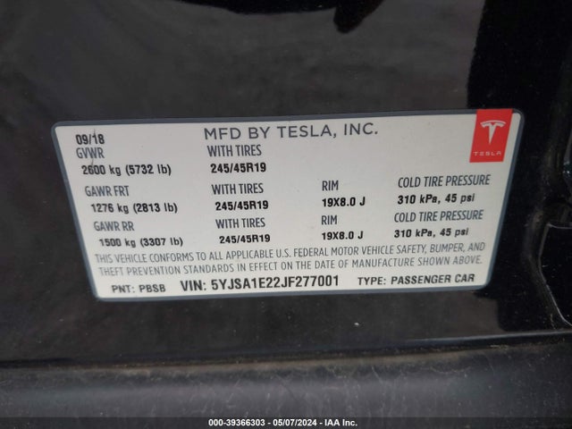 Tesla Model S 100d/75d/p100d 2018 5YJSA1E22JF277001 Image 9