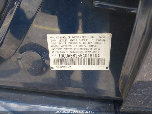39366349 :رقم المزاد ، 19UUA66255A018104 vin ، 2005 Acura Tl مزاد بيع