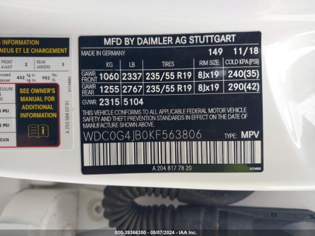 WDC0G4JB0KF563806 Mercedes-Benz GLC 300